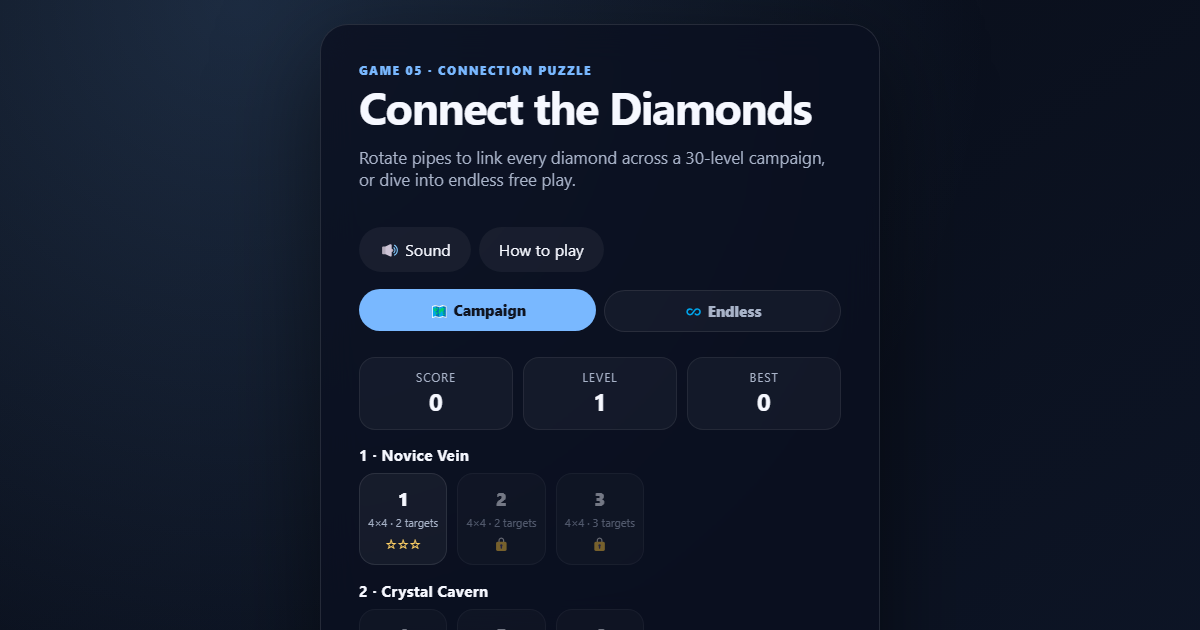 Connect the Diamonds board showing rotated pipe tiles lit up along a completed connection.