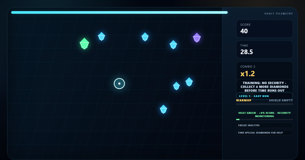 Diamond Rush active vault run showing glowing diamonds and live telemetry.