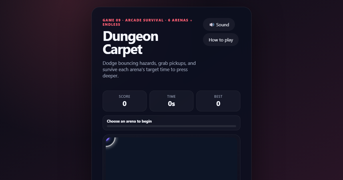 Dungeon Carpet arena showing the player marker dodging bouncing hazards and glowing pickups.