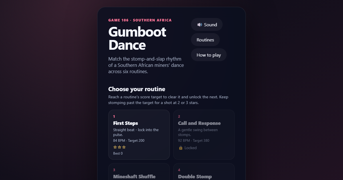 Gumboot Dance beat-timing screen showing the stomp button and a live combo counter.