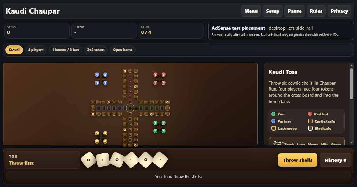 Kaudi Chaupar board with cowrie-shell throw controls and a four-player setup.