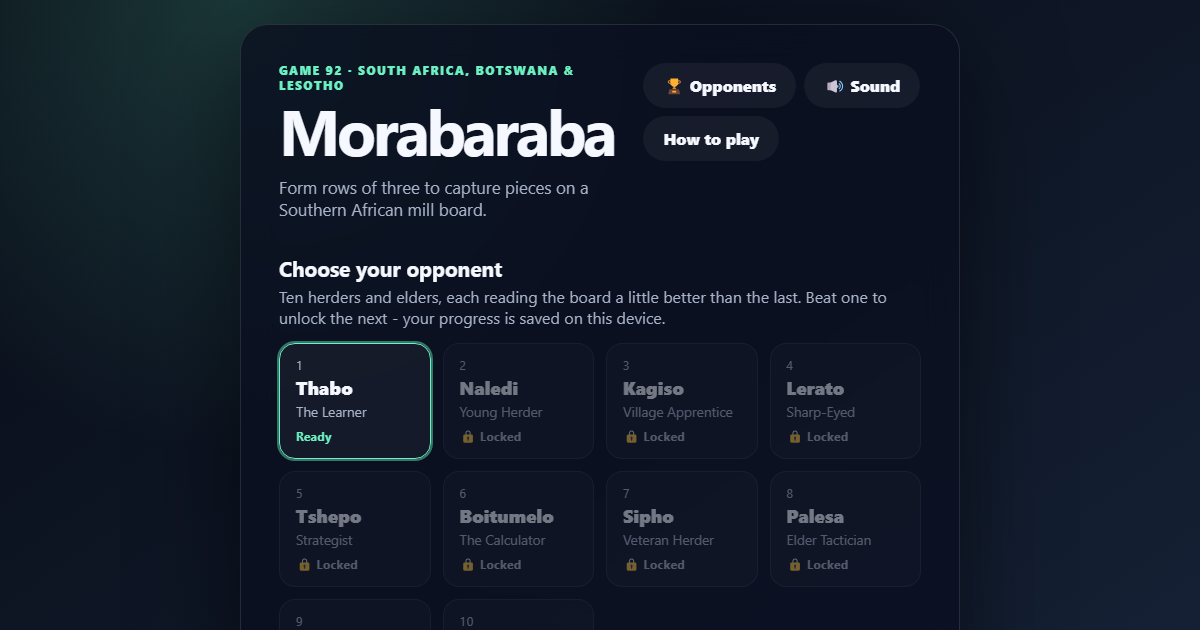 Morabaraba board showing the three concentric squares with placed pieces and a formed mill.