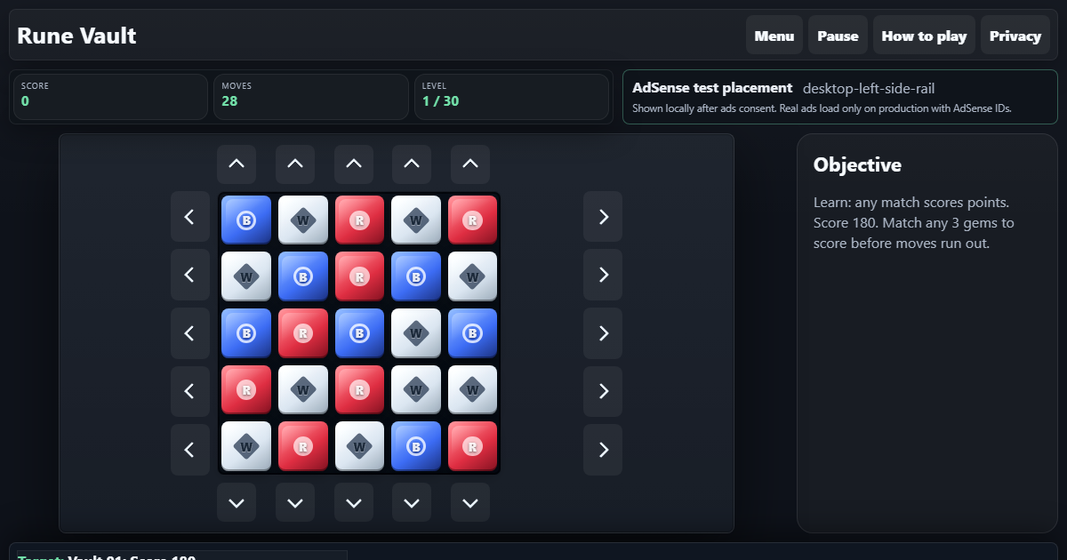 Rune Vault puzzle board with row and column shift controls and a visible objective.