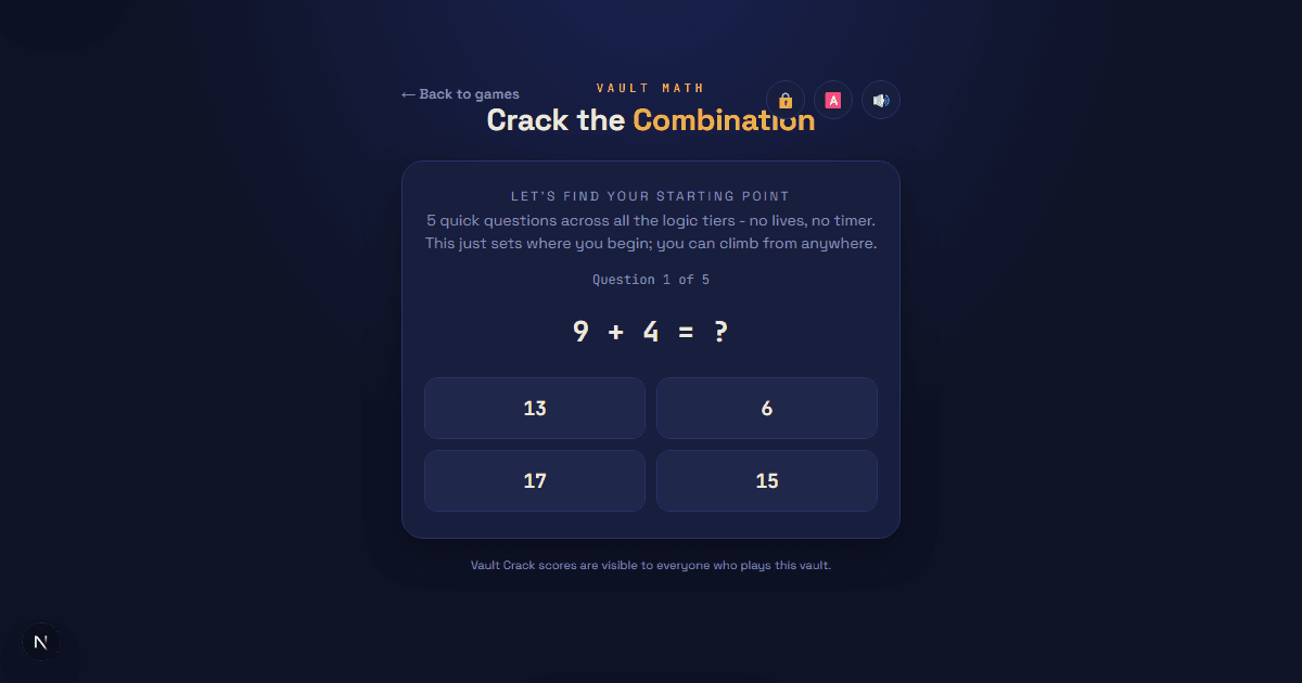 Vault Math baseline check screen showing a logic question and four multiple-choice answers.