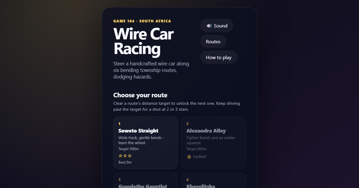 Wire Car Racing track showing the car steering along a curving township road, dodging rocks.